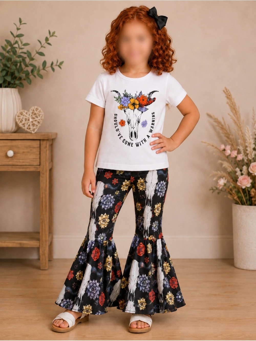 Girls Boutique Western Warning Floral Graphic Top &  Bell Bottom Flare Pants